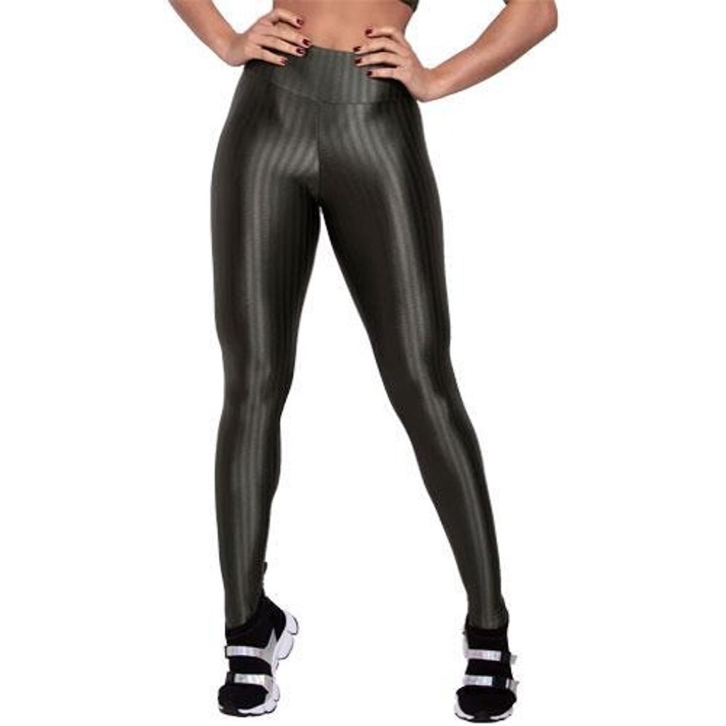 Calça Legging Basico Em Poliamida 3D Listrada Cintura Alta Fitness Feminina