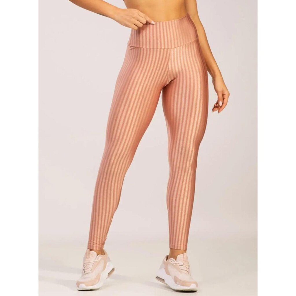 Calça Legging Basico Em Poliamida 3D Listrada Cintura Alta Fitness Feminina