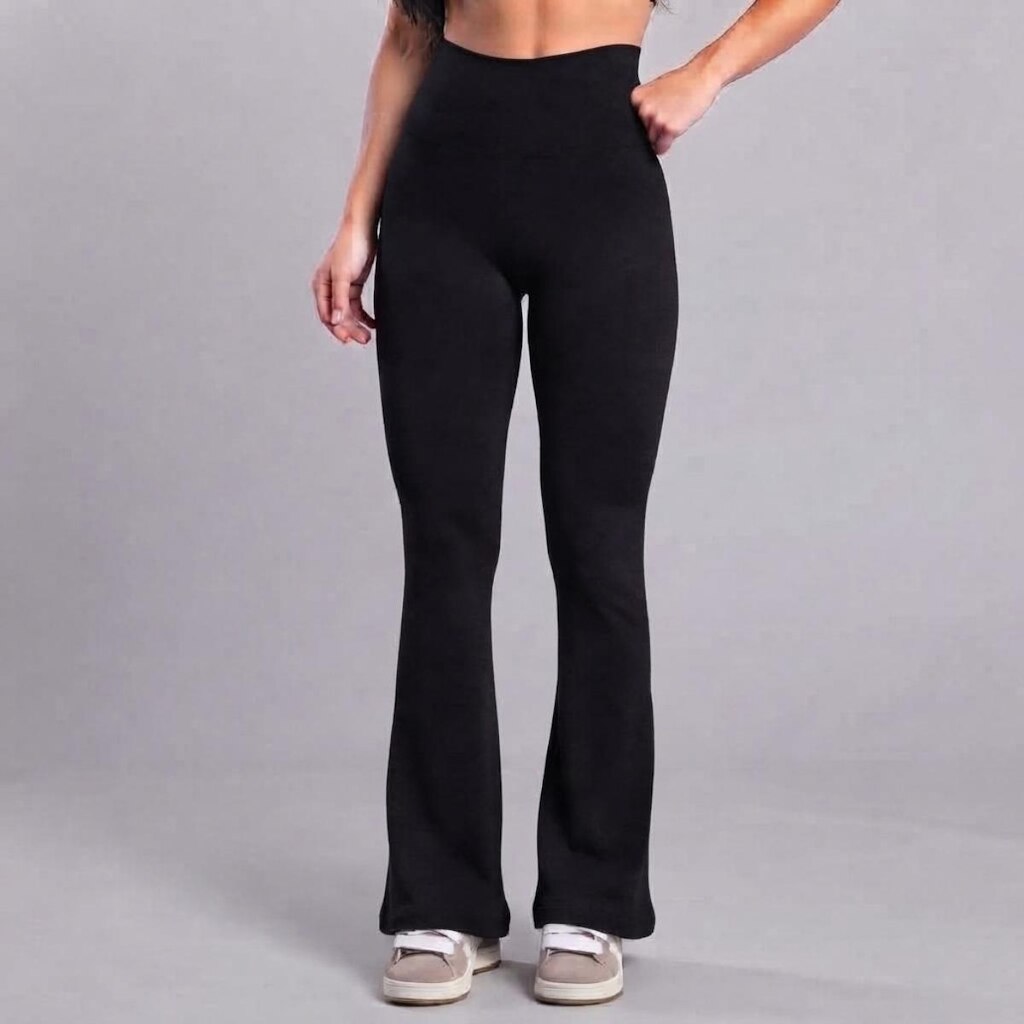 Calça Legging Esportiva Flare Peluciada Serra e Mar Boca de Sino Bailarina Cós Alto Treino Fitness
