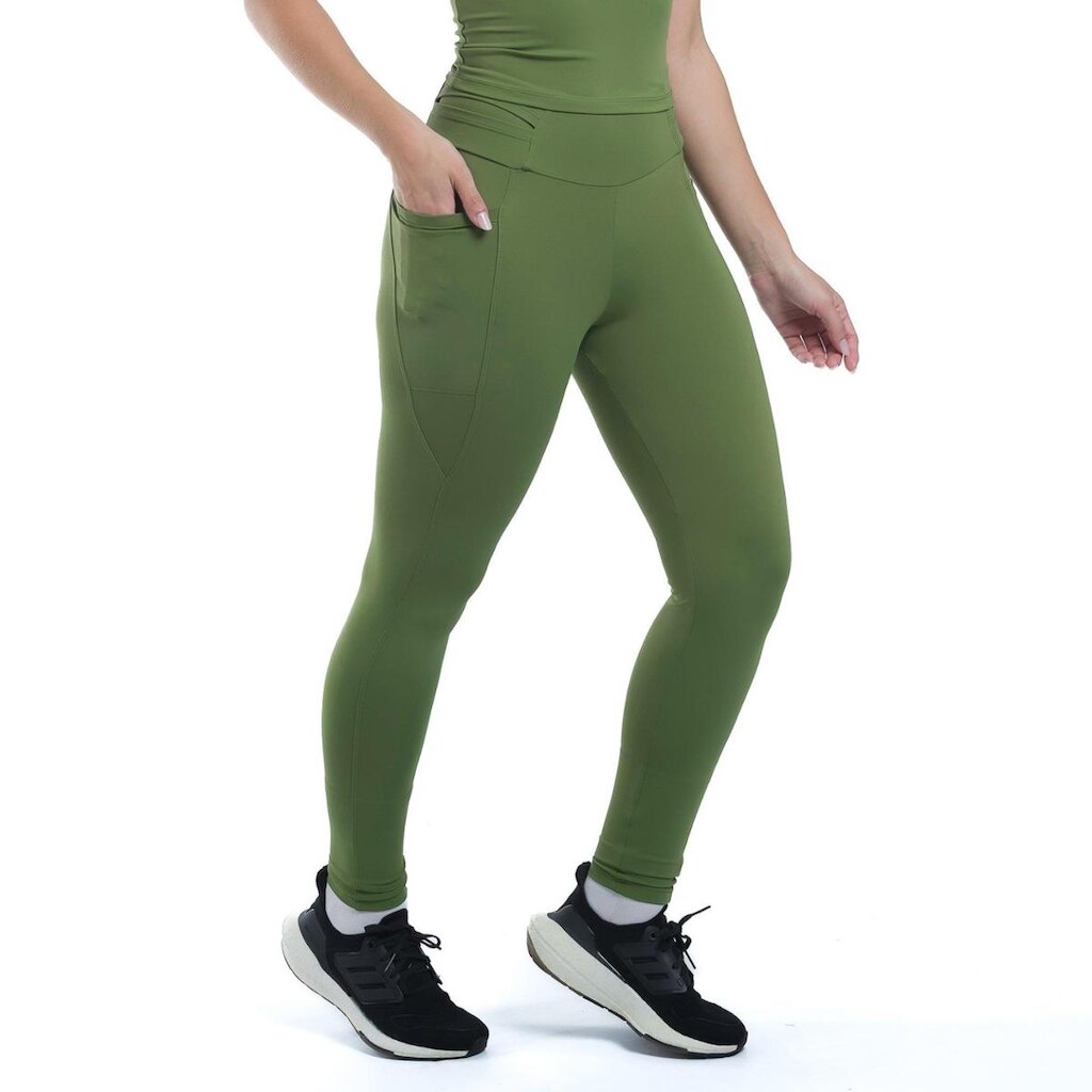 Calça Legging Feminina My Fitness Cós 360 Army Green Bolsos UV50 Truelife