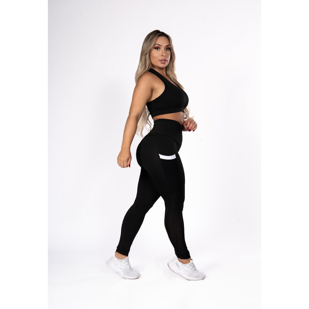 Calça Legging Fitness com Bolso Branco Academia Preta