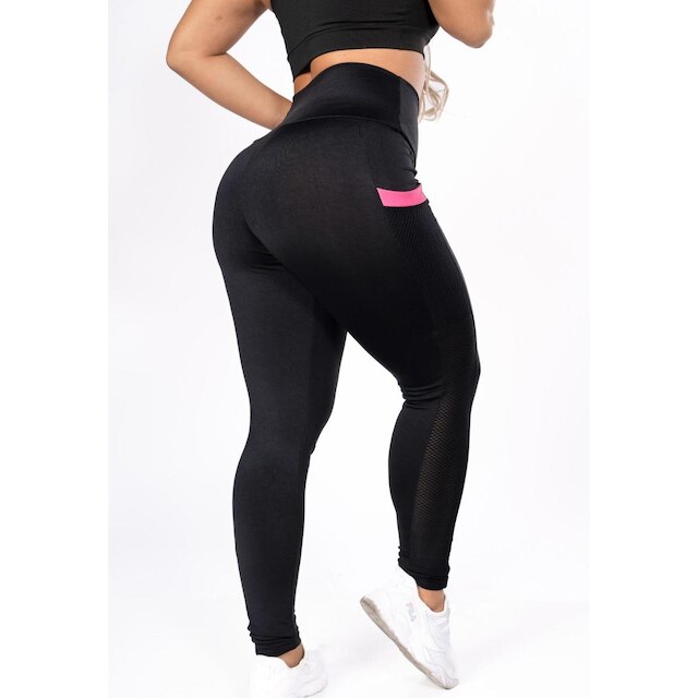 Calça Legging Fitness com Bolso Rosa Academia Preta