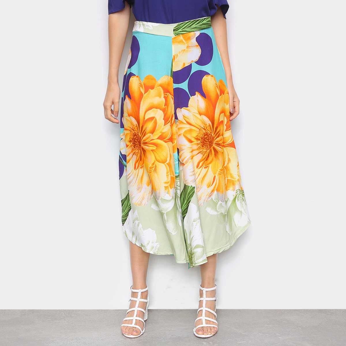 Calça Mercatto Midi Pantacourt Estampada Feminina - Azul Menor preço em Calça Mercatto Midi Pantacourt Estampada Feminina - Azul