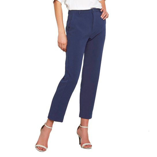 Calça Miss Joy Alfaiataria Creponada Com Bolso Feminino 6491 - Azul