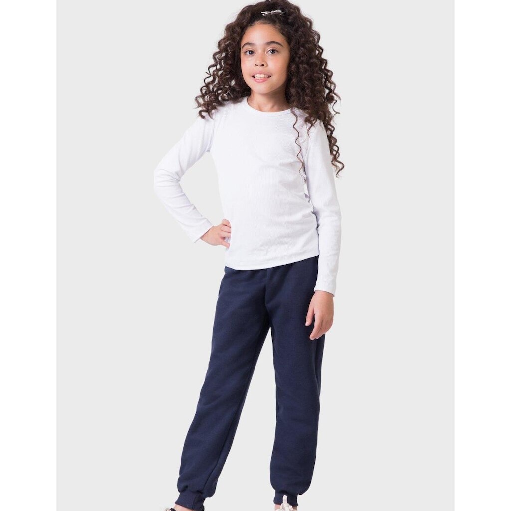 Calça Moletom Com Punho Dia a Dia Frio Azul Moda Elegante Quentinha Inverno - Menina 4 a 10 anos