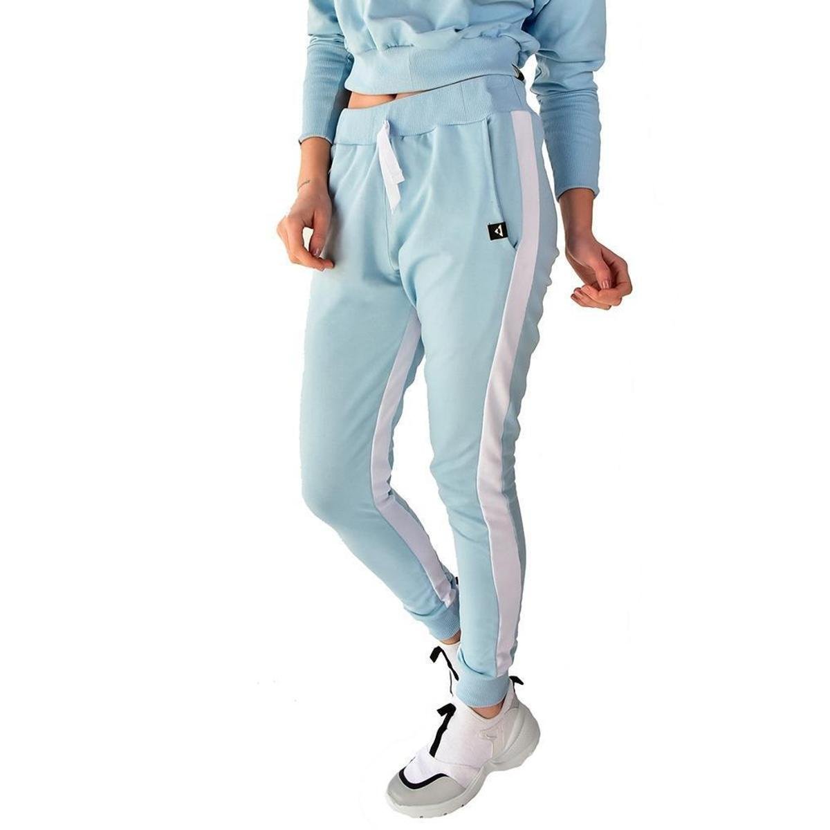 Calça Moletom Jogger Skinny Brohood Listra Feminina - Azul Menor preço em Calça Moletom Jogger Skinny Brohood Listra Feminina - Azul