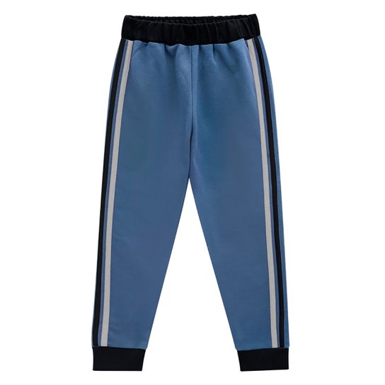 Calça Moletom Juvenil Kyly Peluciado Faixa Lateral Masculina - Azul Escuro