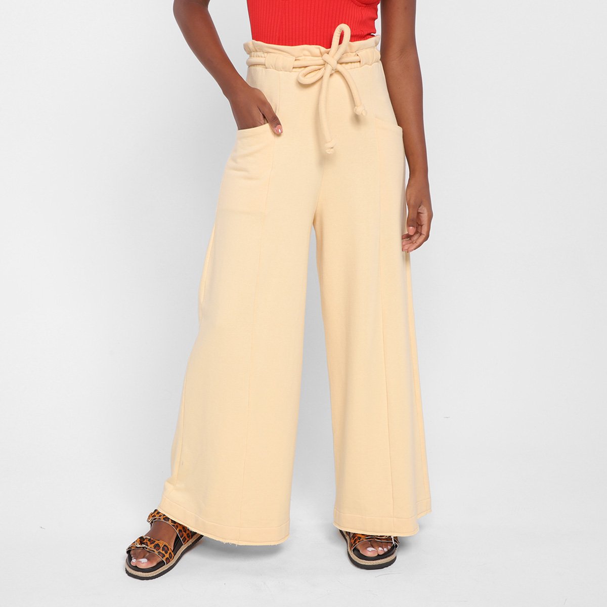 Calça Moletom Pantalona Farm Amarração Cintura Alta Feminina - Bege Menor preço em Calça Moletom Pantalona Farm Amarração Cintura Alta Feminina - Bege