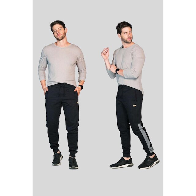 Calça Moletom Preto com Bolsos e Faixa Lateral 2309