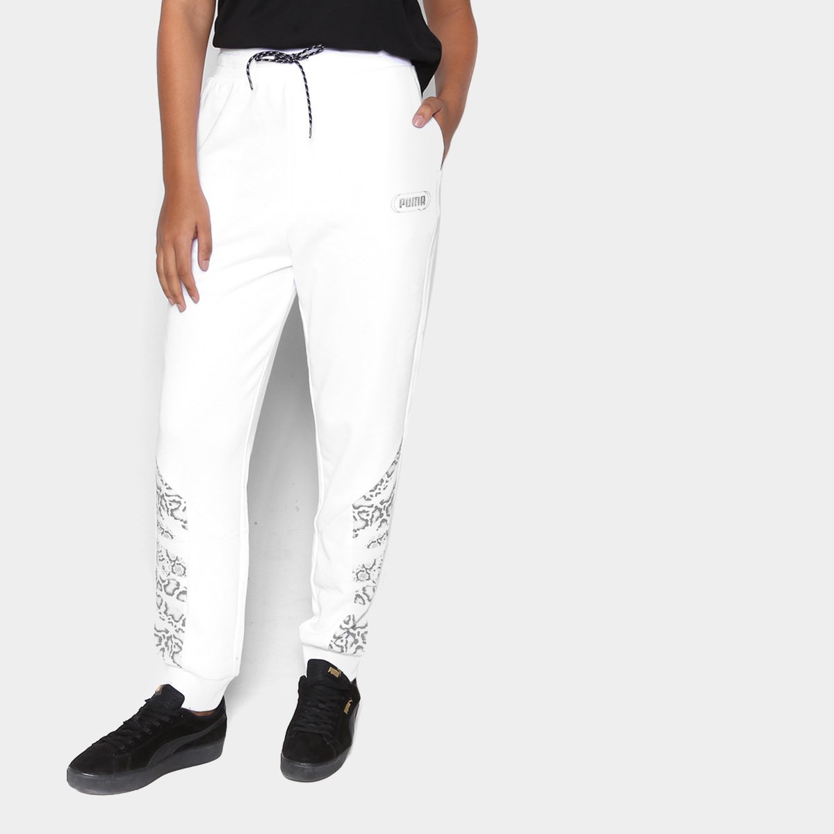 Calça Moletom Puma Rebel Feminina - Branco+Cinza Menor preço em Calça Moletom Puma Rebel Feminina - Branco+Cinza