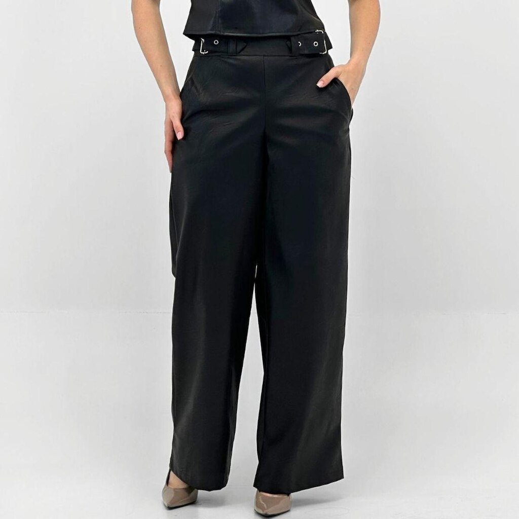 Calça Pacific Blue Wide Leg em P.u com Cinto Feminina