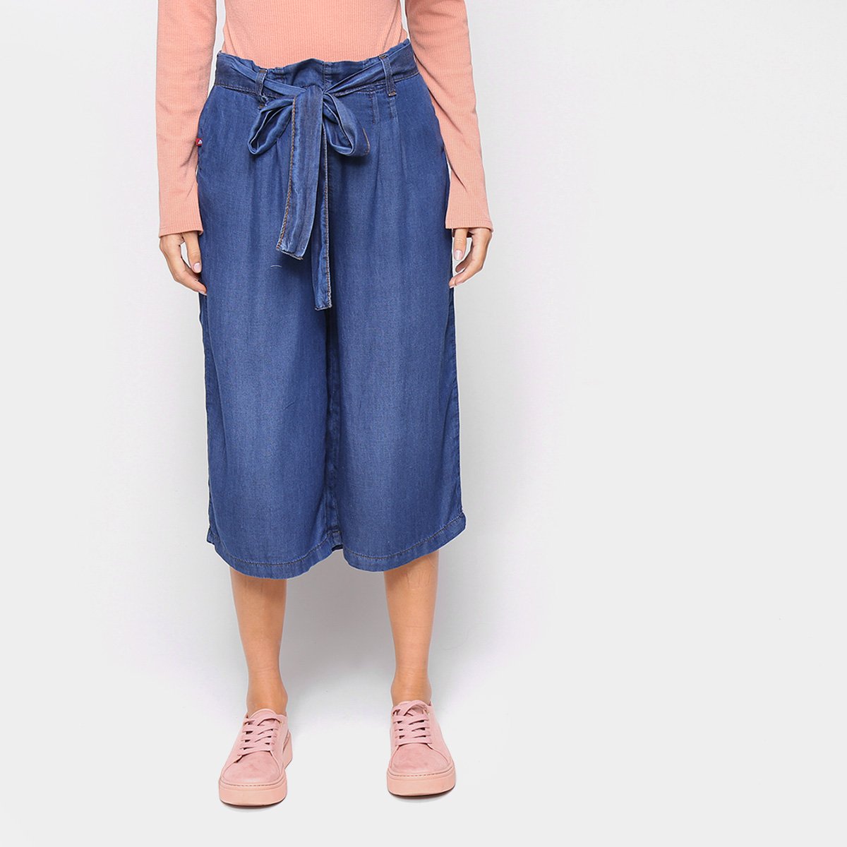 Calça Pantacourt Cambos Faixa De Amarração Feminina - Azul Escuro Menor preço em Calça Pantacourt Cambos Faixa De Amarração Feminina - Azul Escuro