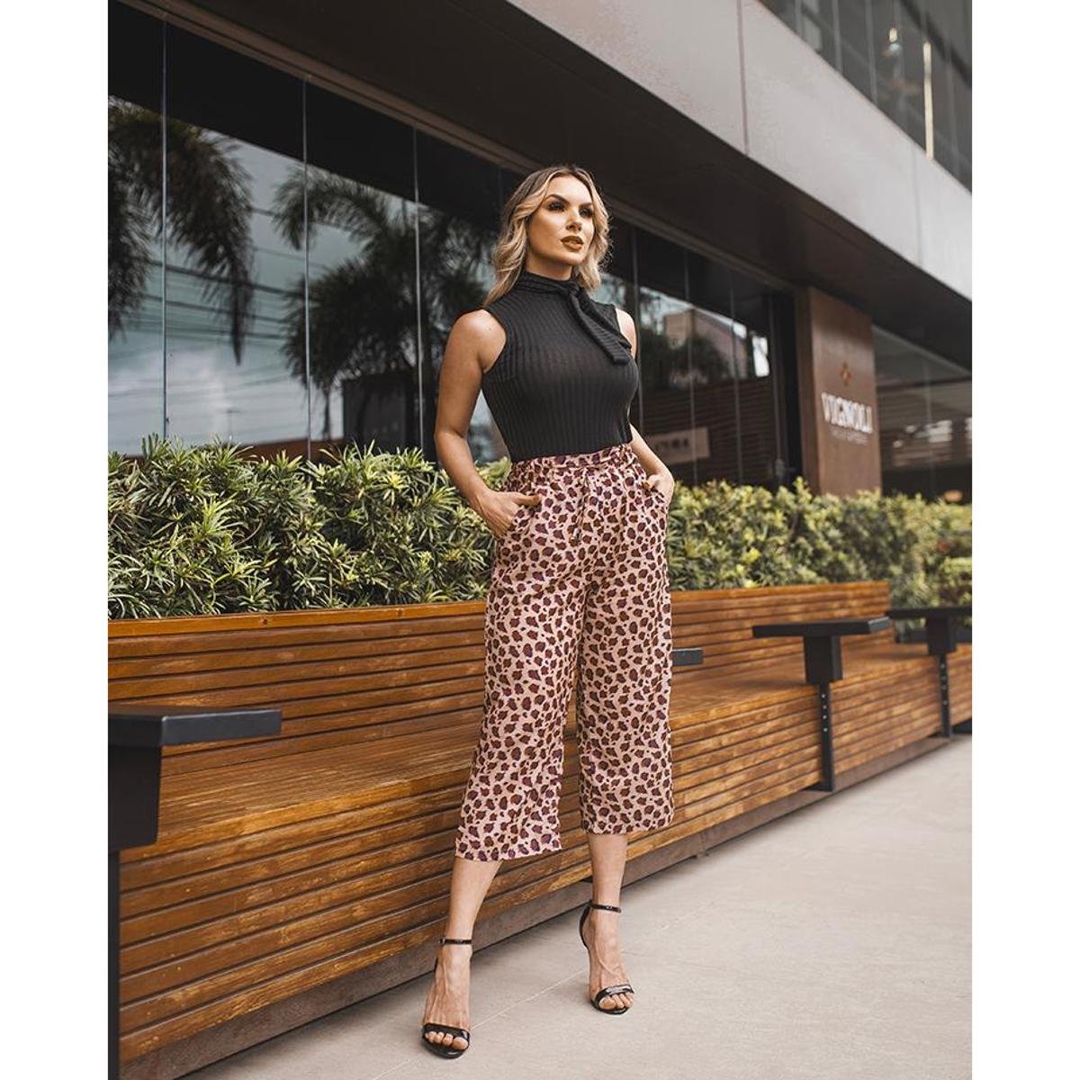 Calça Feminina CalÃ§a Pantacourt Animal Print Calça Pantacourt