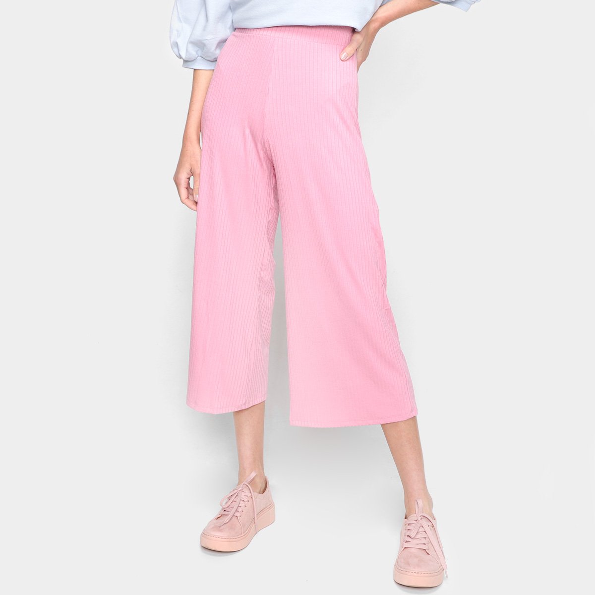 Calça Pantacourt Dzarm Canelada Cintura Alta Feminina - Rosa Claro Menor preço em Calça Pantacourt Dzarm Canelada Cintura Alta Feminina - Rosa Claro