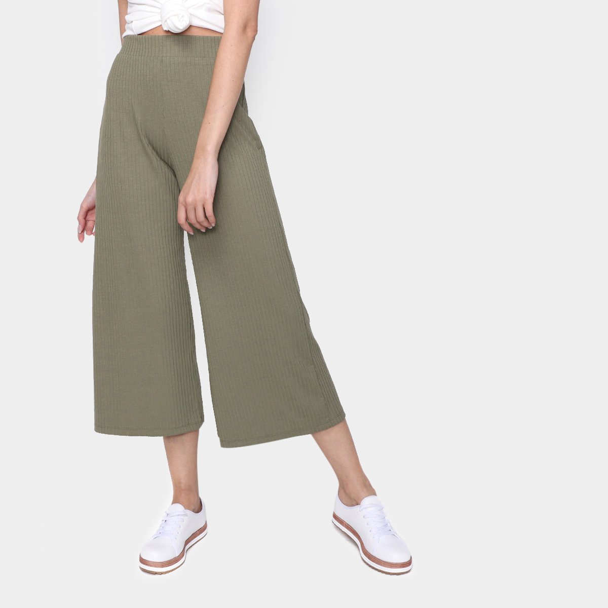 Calça Pantacourt Dzarm Canelada Cintura Alta Feminina - Verde escuro Menor preço em Calça Pantacourt Dzarm Canelada Cintura Alta Feminina - Verde escuro