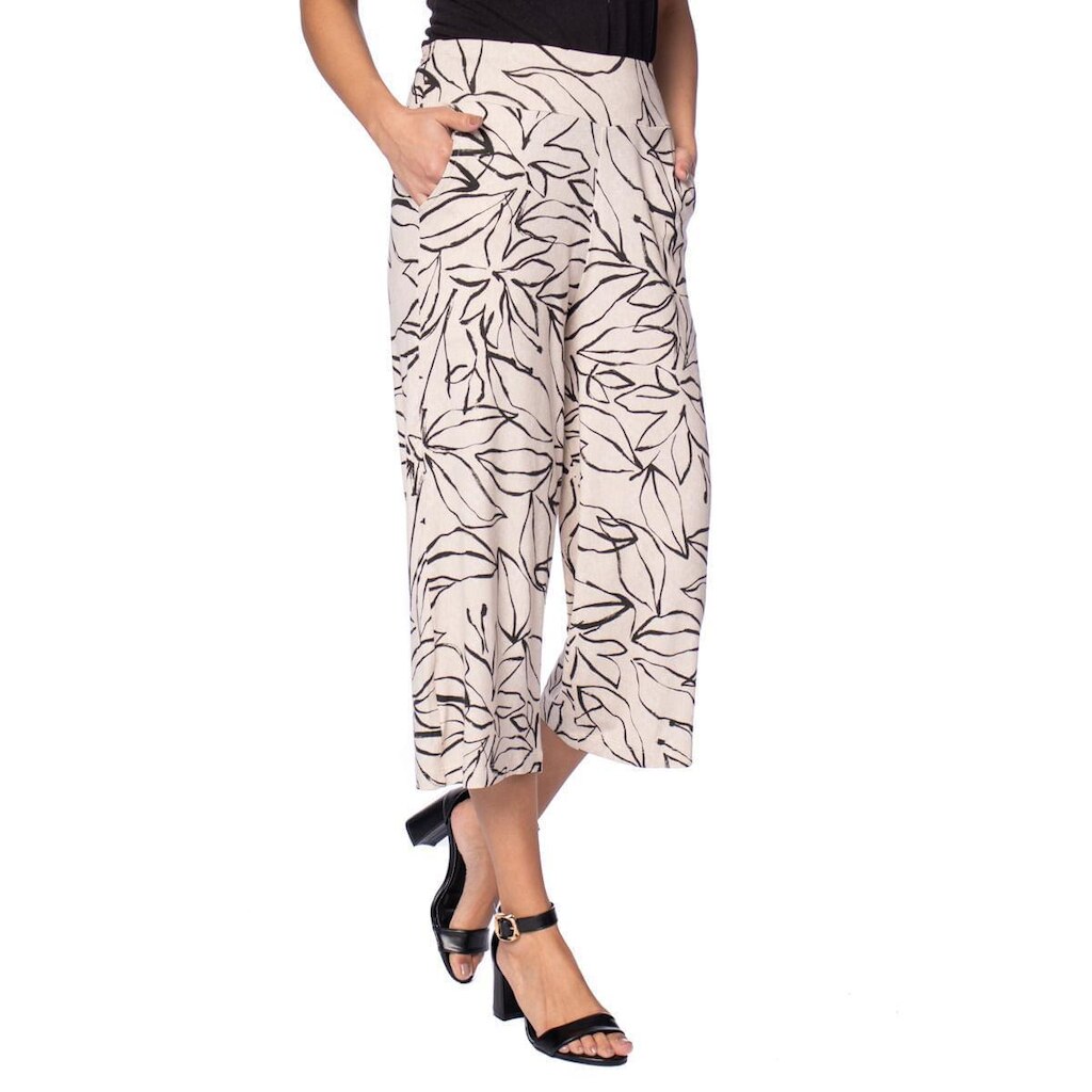 Calça Pantacourt Feminina Bruna E Bia Estampa Folhas Off White