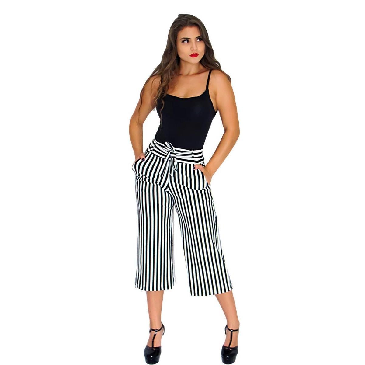 Calça Pantacourt Pantalona Listrada E Lisa Ref 092 - Branco+Preto Menor preço em Calça Pantacourt Pantalona Listrada E Lisa Ref 092 - Branco+Preto