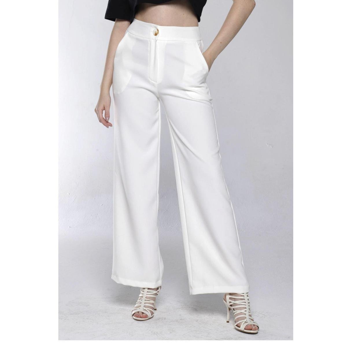 Calça Pantalona Alfaiataria Branca Cintura Alta com Bolsos Sob - Branco Menor preço em Calça Pantalona Alfaiataria Branca Cintura Alta com Bolsos Sob - Branco