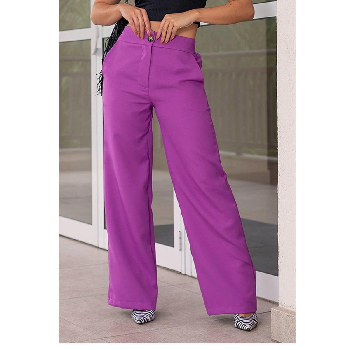 Calça Pantalona Alfaiataria Branca Cintura Alta com Bolsos Sob - Roxo Menor preço em Calça Pantalona Alfaiataria Branca Cintura Alta com Bolsos Sob - Roxo
