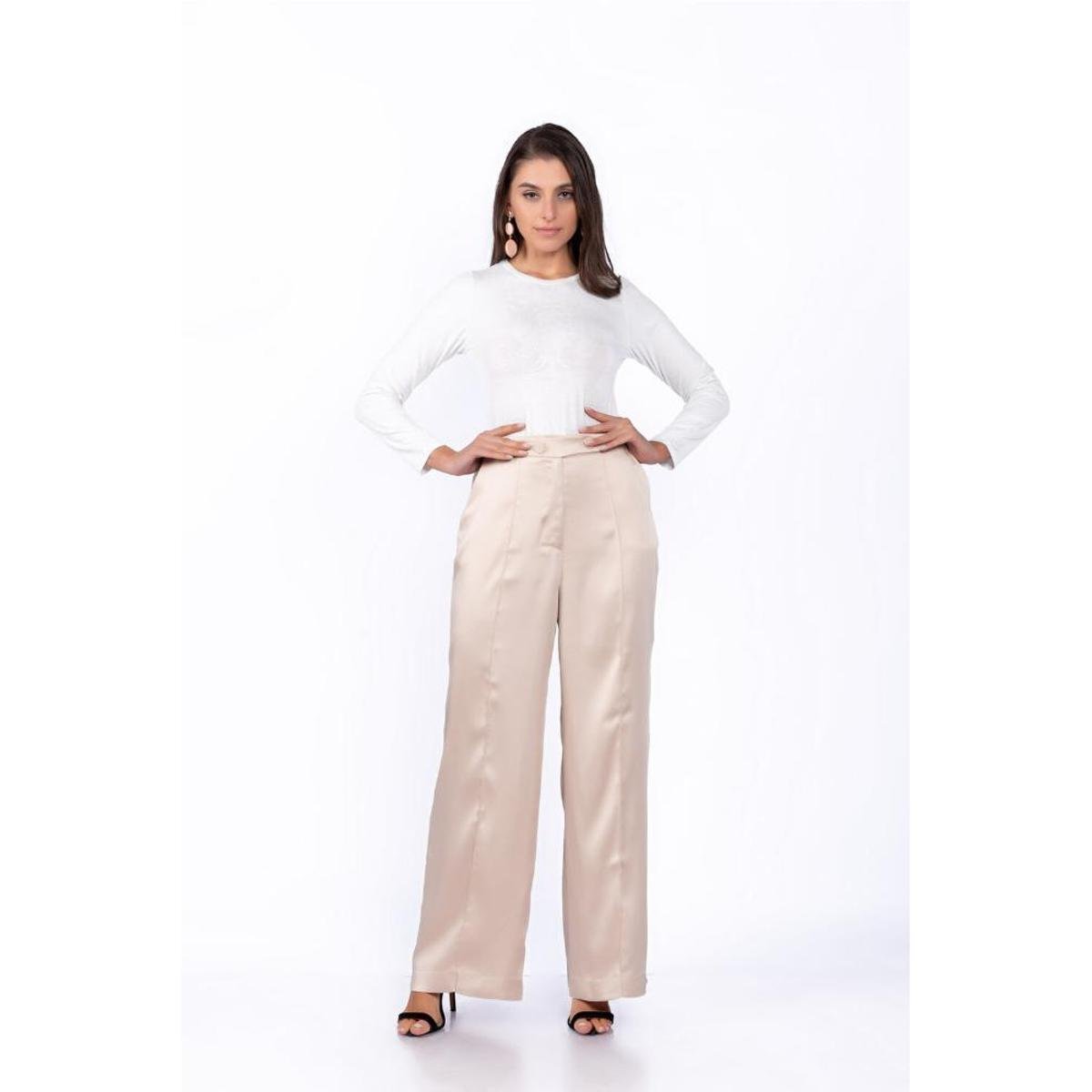 Calca pantalona cetim - Bege Menor preço em Calca pantalona cetim - Bege