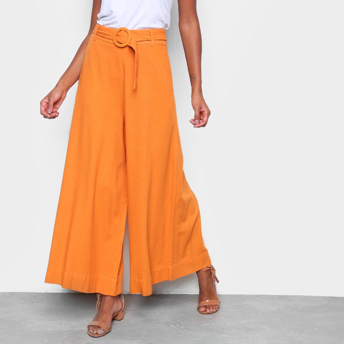 Calça Pantalona Farm Fivela Feminina - Amarelo Menor preço em Calça Pantalona Farm Fivela Feminina - Amarelo