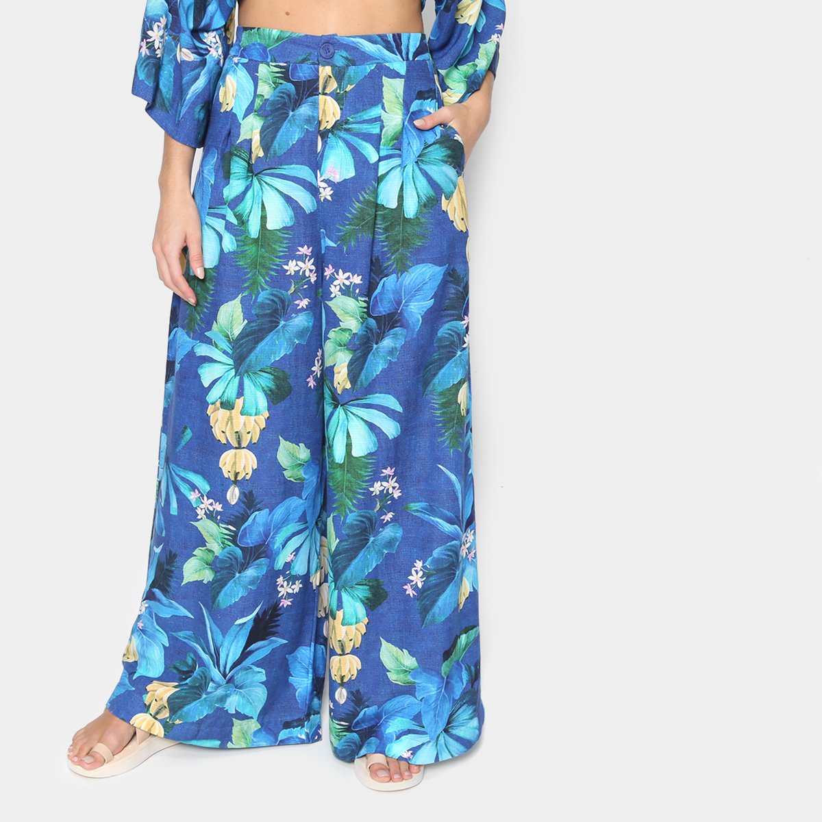 Calça Pantalona Farm Folha De Tinta Feminina - Estampado Menor preço em Calça Pantalona Farm Folha De Tinta Feminina - Estampado