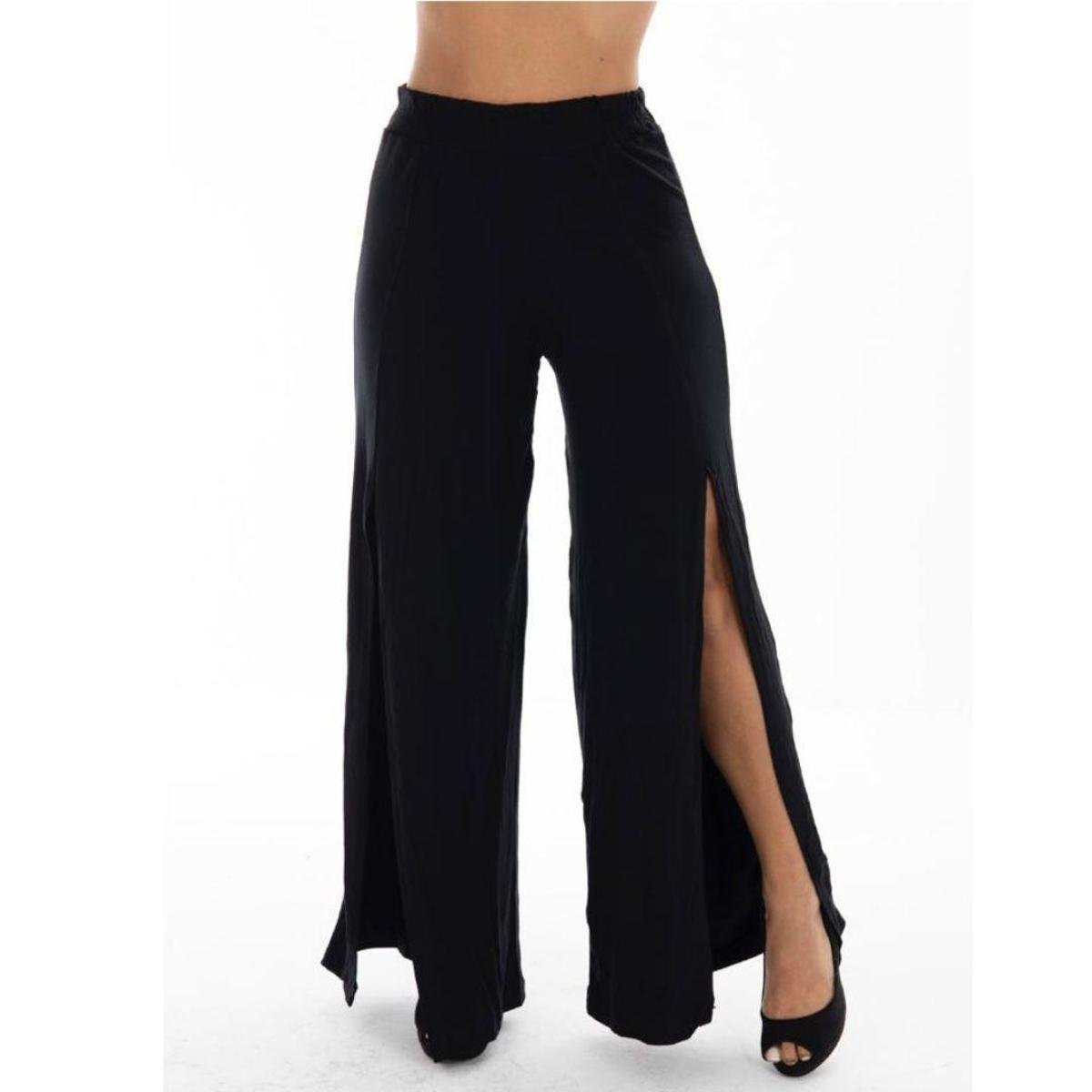Calca Pantalona Feminina Com Fenda Cintura Alta Calça Flare - Preto Menor preço em Calca Pantalona Feminina Com Fenda Cintura Alta Calça Flare - Preto