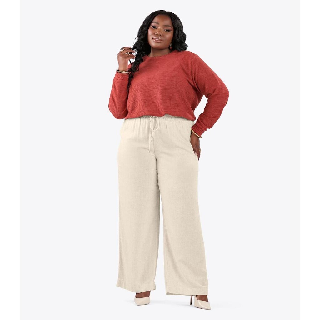 Calça Pantalona Linho Plus Size Secret Glam Bege