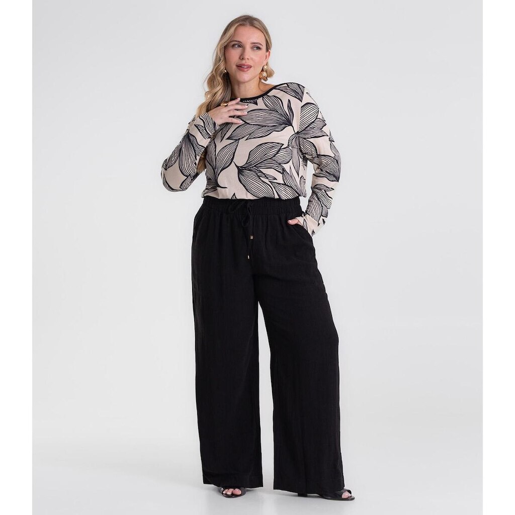 Calça Pantalona Linho Plus Size Secret Glam Preto
