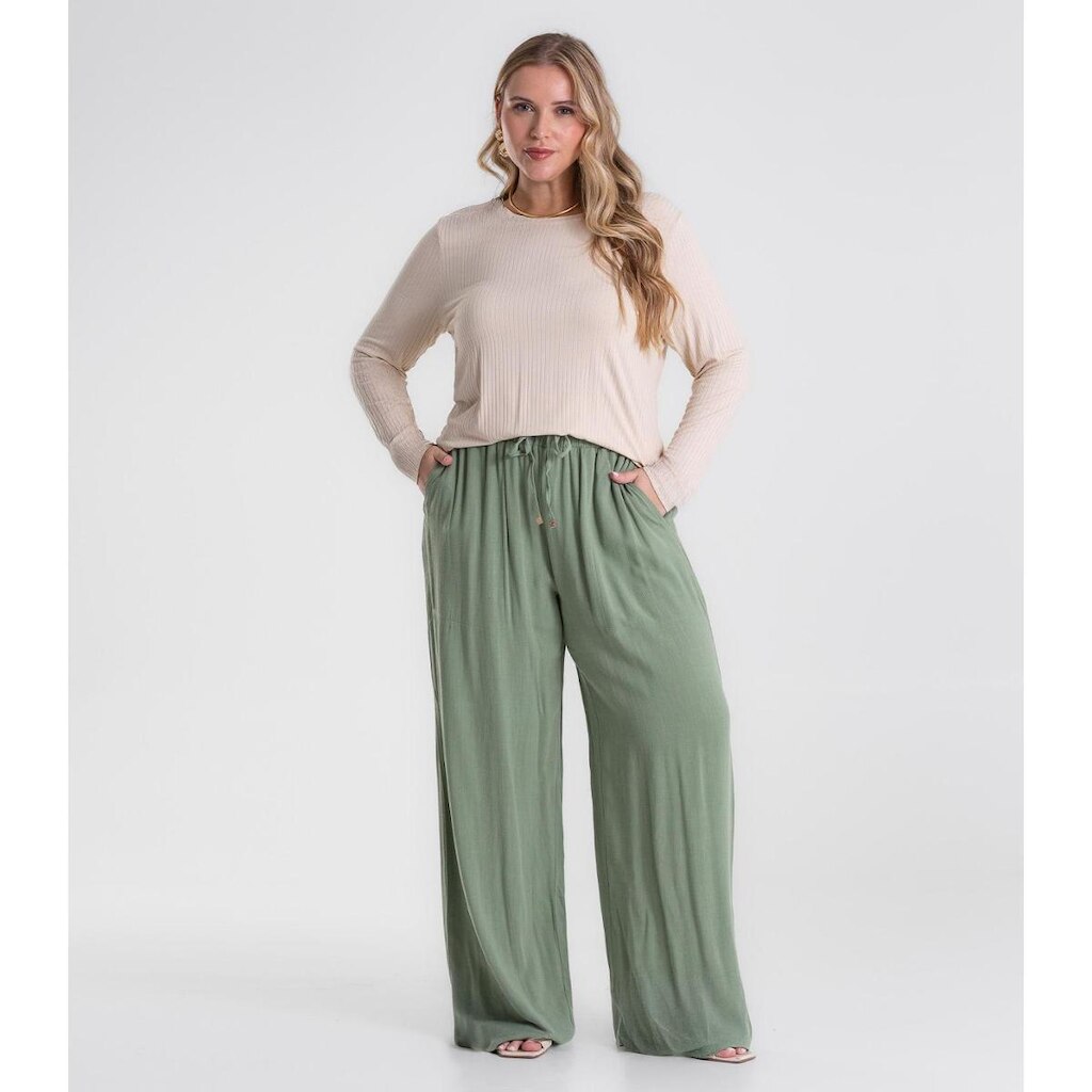 Calça Pantalona Linho Plus Size Secret Glam Verde