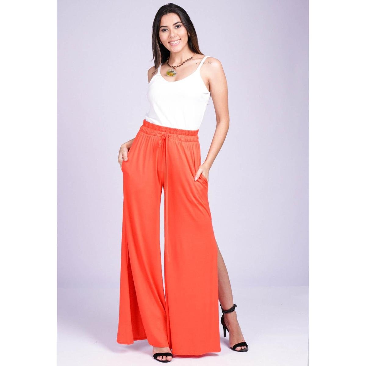 Calça Pantalona Malha com Fendas Laranja - GG - Veste do 46 ao 48 - Laranja  | Zattini