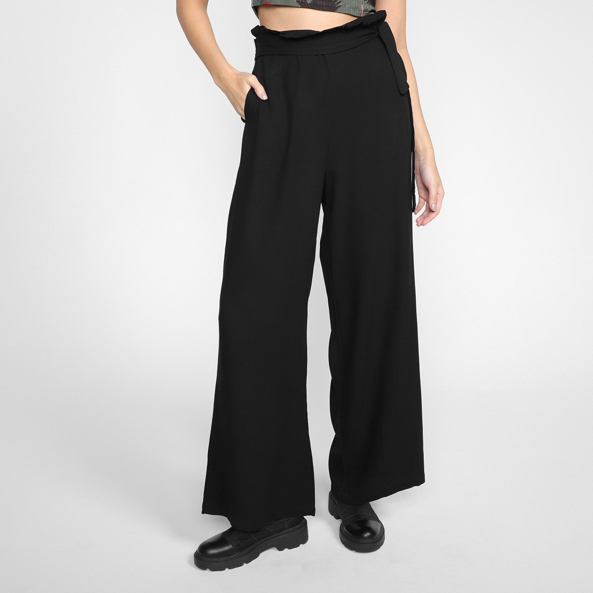 Calça Pantalona Mercatto Amarração Cintura Alta Feminina - Preto Menor preço em Calça Pantalona Mercatto Amarração Cintura Alta Feminina - Preto