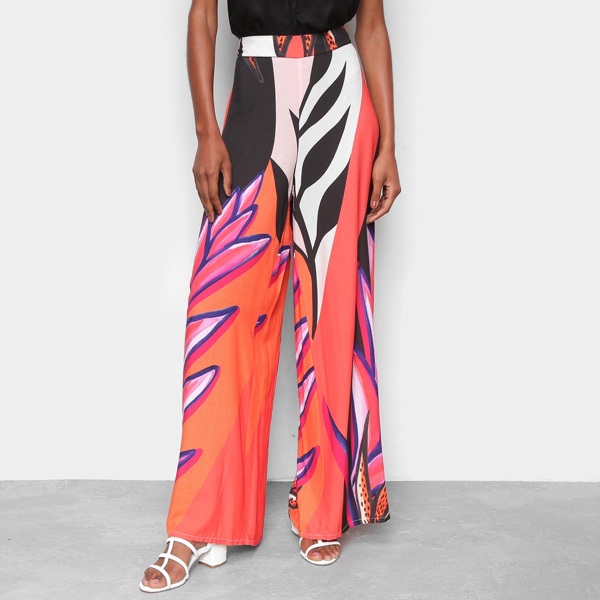 Calça Pantalona Mercatto Estampada Cintura Alta Feminina - Preto Menor preço em Calça Pantalona Mercatto Estampada Cintura Alta Feminina - Preto