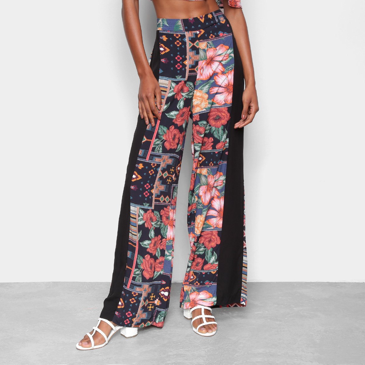 Calça Pantalona Mercatto Estampada Cintura Alta Feminina - Chumbo Menor preço em Calça Pantalona Mercatto Estampada Cintura Alta Feminina - Chumbo