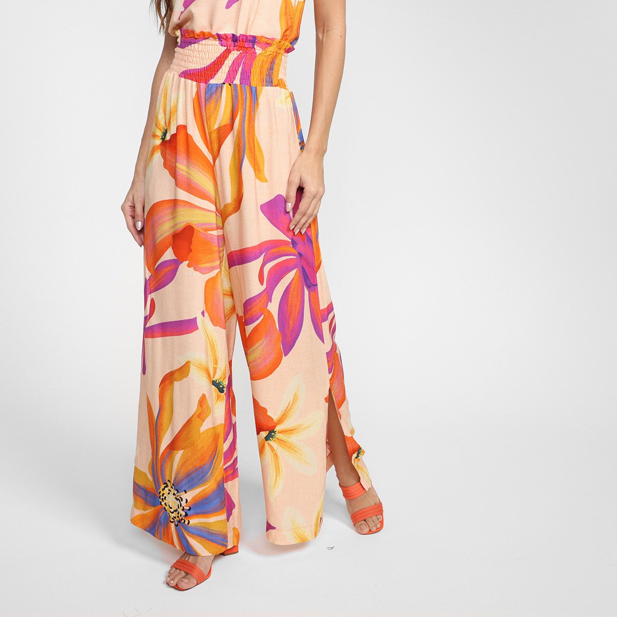 Calça Pantalona Mercatto Estampada Fenda Feminina - Bege Menor preço em Calça Pantalona Mercatto Estampada Fenda Feminina - Bege