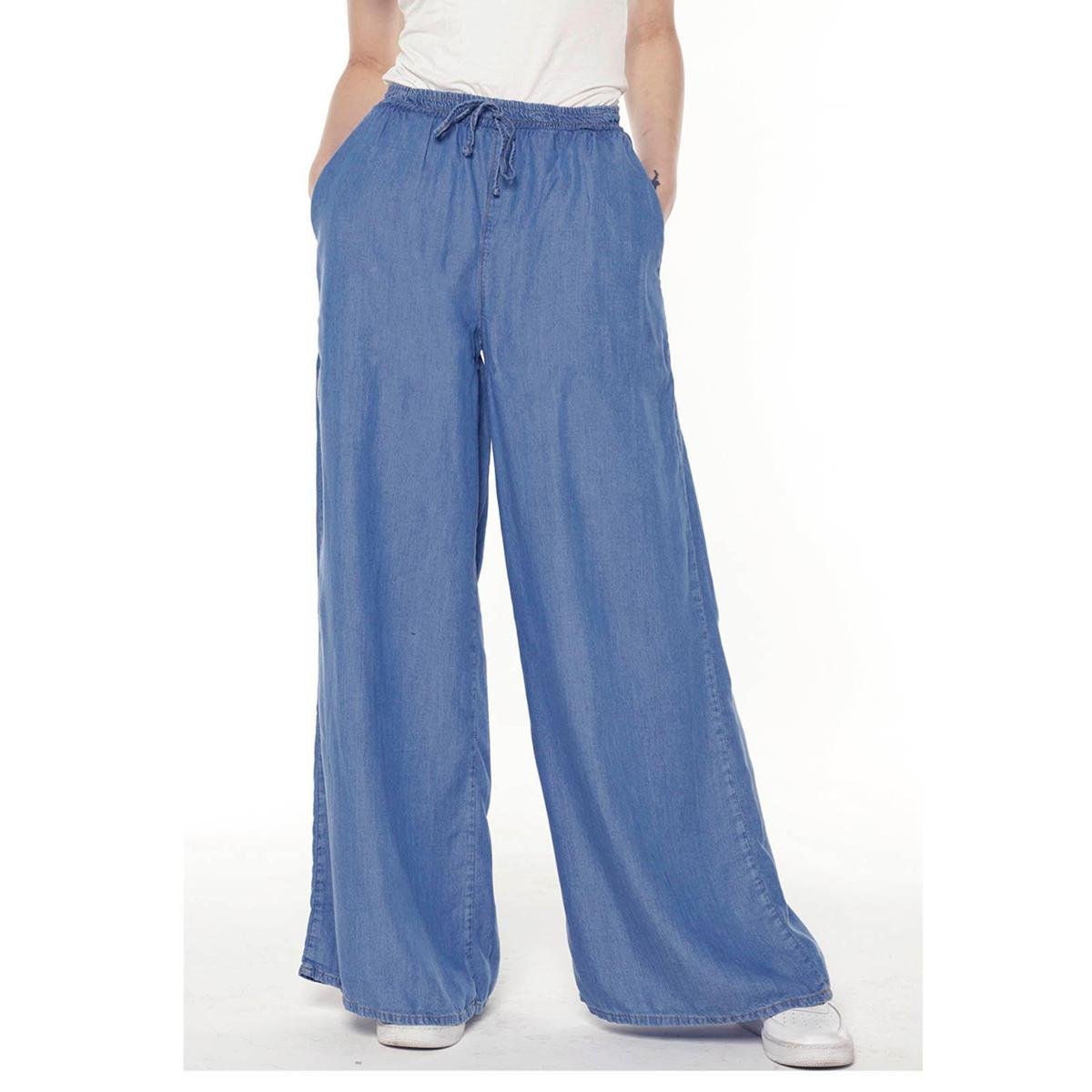 Calça Pantalona Wide Leg Jeans Cintura Alta Sob com Bolsos - Azul Menor preço em Calça Pantalona Wide Leg Jeans Cintura Alta Sob com Bolsos - Azul