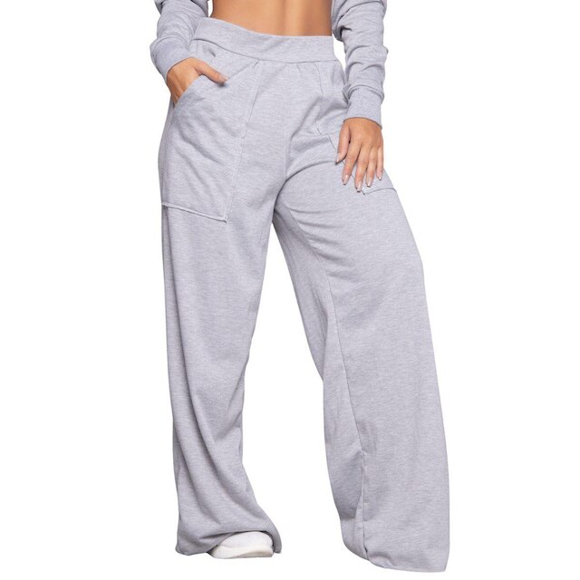 Calça Pantalona Wide Leg Vekyo Cintura Alta Flare Moletinho Moda Casual