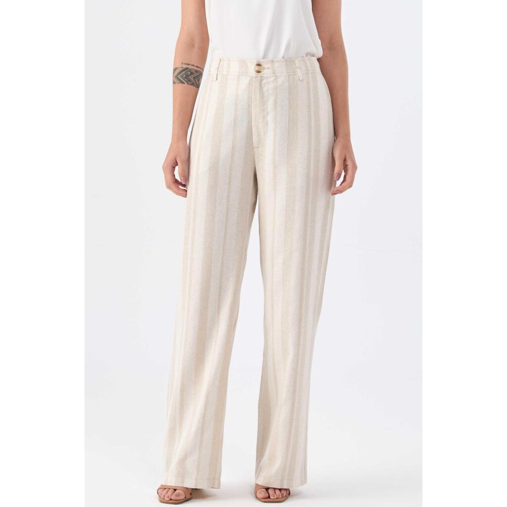 Calça PKS Alfaiataria Wide Leg Linho Natural Listrado