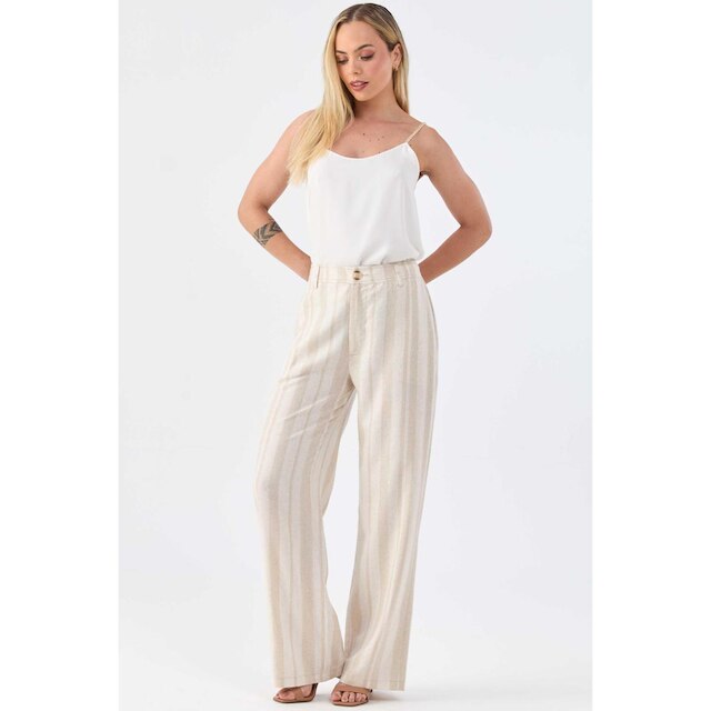 Calça PKS Alfaiataria Wide Leg Linho Natural Listrado