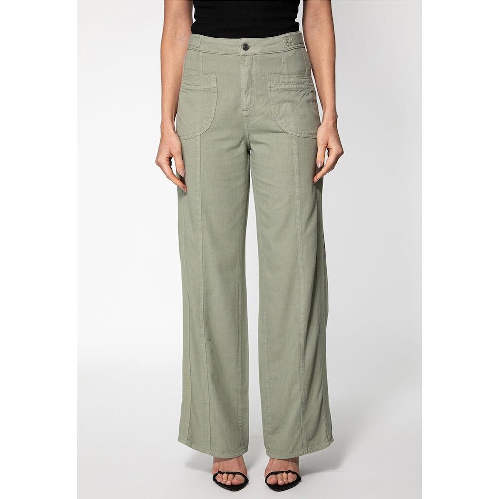 Calça Reta Bolsos Frente Faixa Lateral Verde Musgo