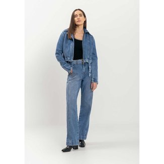 Calça Reta Jeans Com Cinto E Cintura Alta