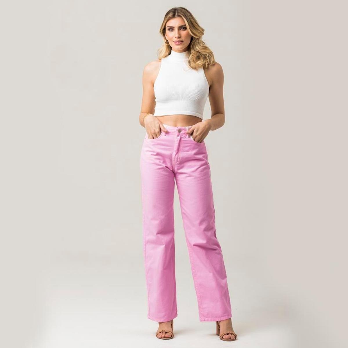 Calça Sarja Feminina Disparate Reta Estilo Básica - Rosa Menor preço em Calça Sarja Feminina Disparate Reta Estilo Básica - Rosa
