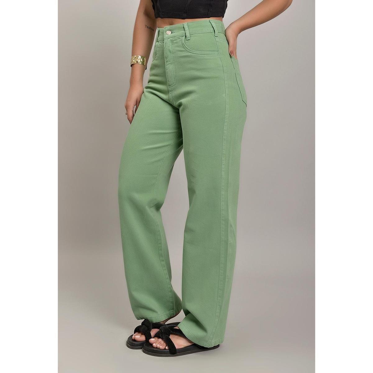 Calça Sarja Feminina Wide Leg Color Cintura Média Barra Fio Menor preço em Calça Sarja Feminina Wide Leg Color Cintura Média Barra Fio