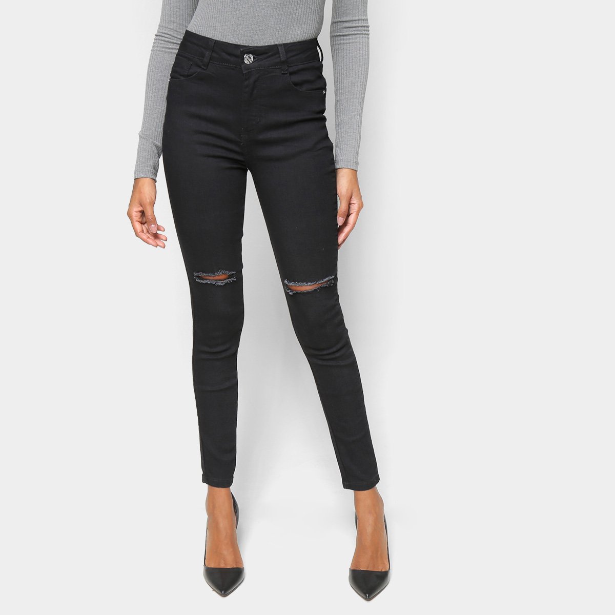 Calça Sarja Jezzian Rasgada Skinny Feminina - Preto Menor preço em Calça Sarja Jezzian Rasgada Skinny Feminina - Preto