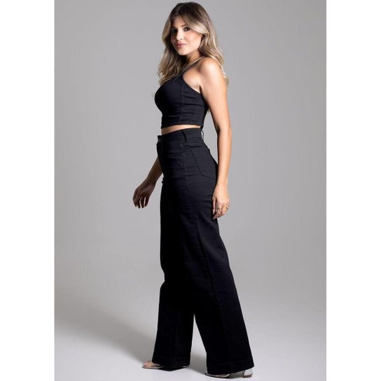 Calça Sarja Sawary Wide Leg - 275028 - BLACK 44
