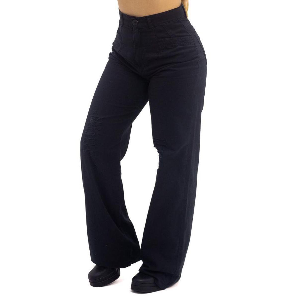 Calça Sarja Wide Leg Destroyed Feminina Biotipo Preta Menor preço em Calça Sarja Wide Leg Destroyed Feminina Biotipo Preta