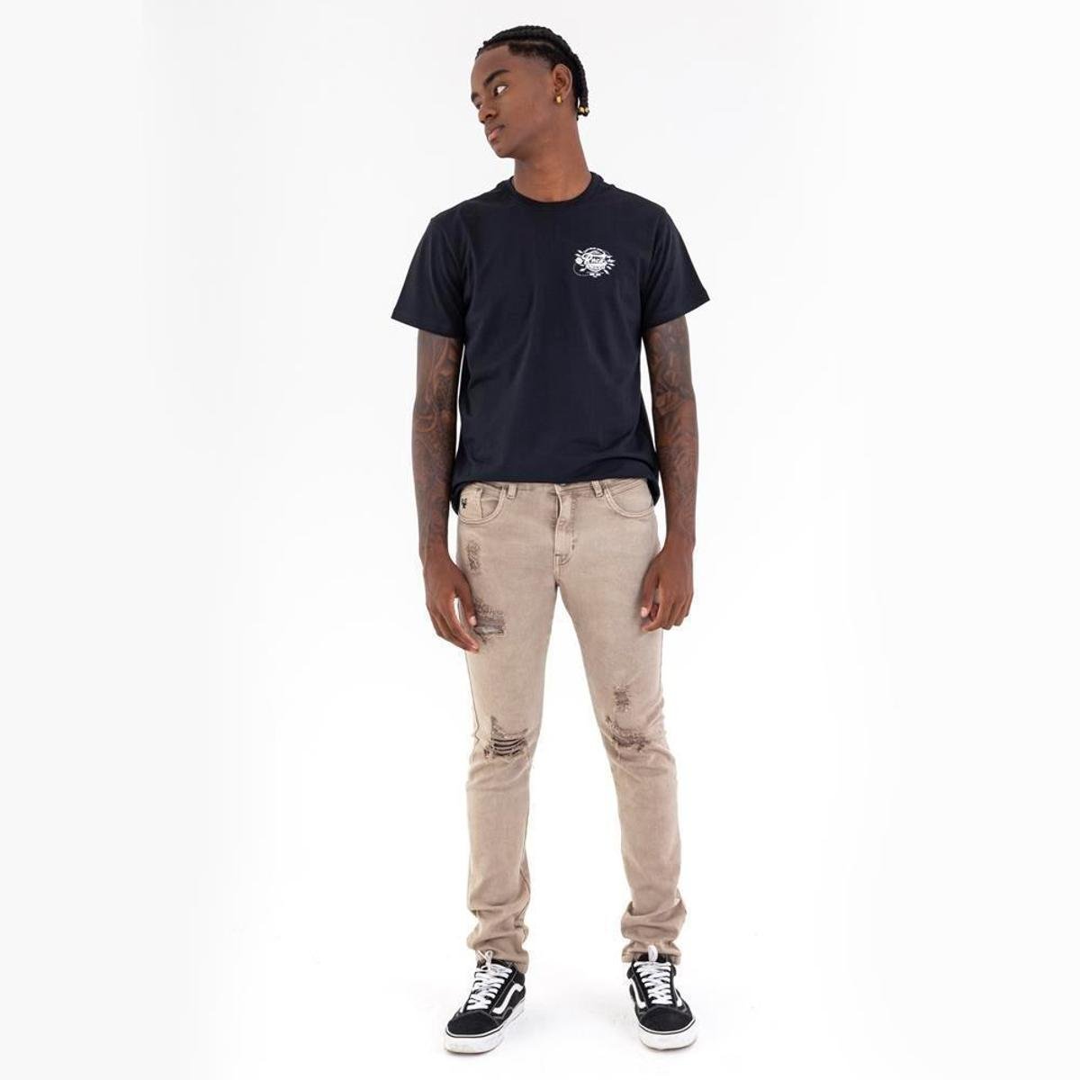 Calça Skinny Color Masculina Rock&Soda Sarja Moderna Moda - Marrom Claro Menor preço em Calça Skinny Color Masculina Rock&Soda Sarja Moderna Moda - Marrom Claro