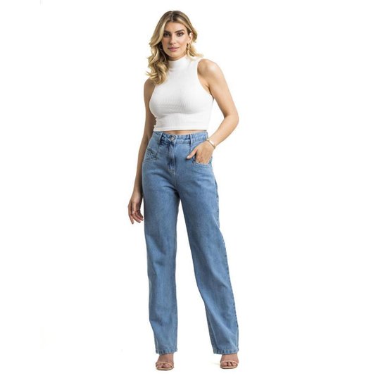 Calça Straight Disparate Feminina Reta Conforto Moda Casual - Azul