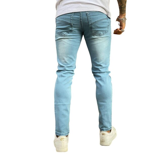 Calça Super Skinny Premium Délavé Puídos Azul Claro