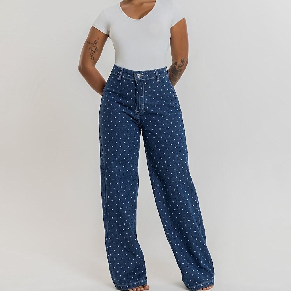 Calça Wide Leg Bolinha Jens Casual Moda Poá Polkadots